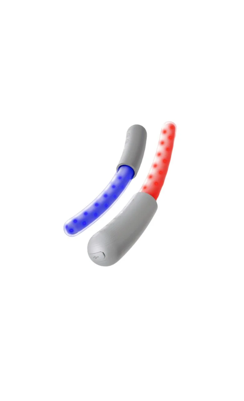 Two flexible LED light tubes, one glowing blue and the other red, with gray caps on one end, isolated on a white background.