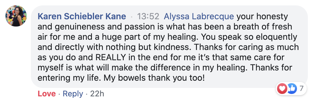 Facebook comment praising someone for their honesty and kindness, mentioning healing and expressing gratitude. Includes reactions with a "Love" reaction and 7 likes.