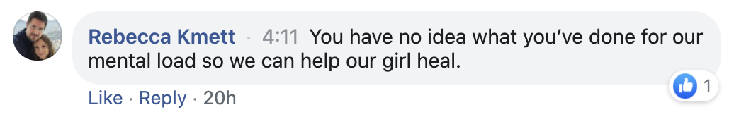 Facebook comment stating gratitude for help with mental load and healing.