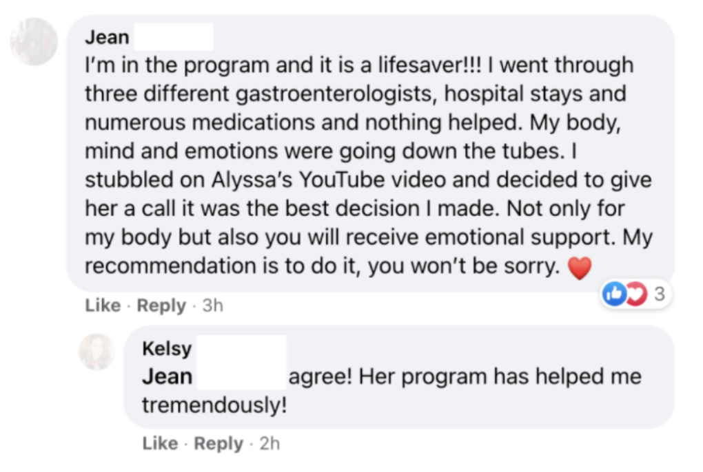 Social media comments discussing the benefits of a program, mentioning improvement in health and emotional support.