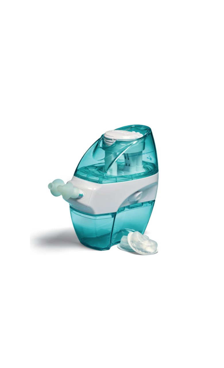 Nasal irrigation device with blue container and white nozzle