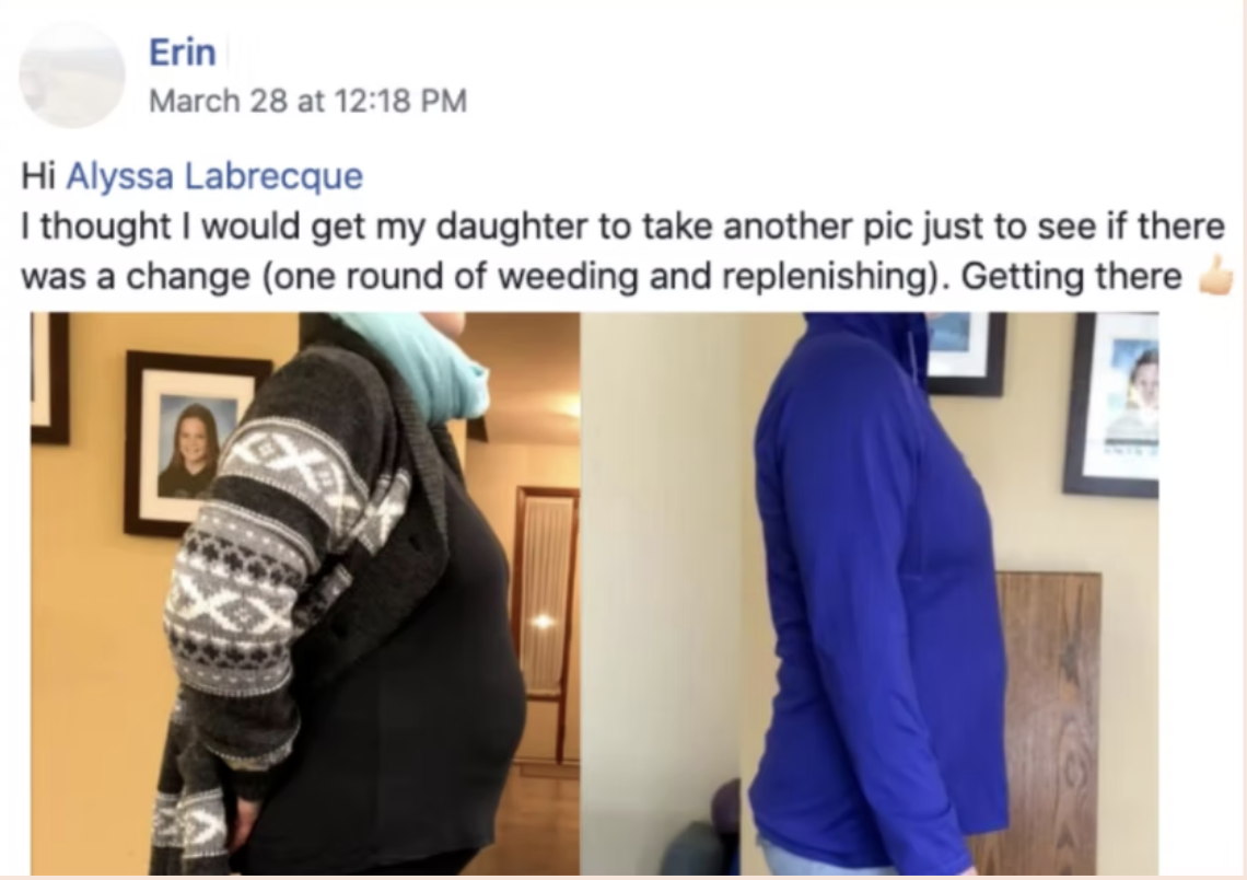 Side-by-side comparison of a person showing weight loss progress, in a before-and-after photo. The left image shows the person wearing a patterned sweater with a larger midsection, and the right image shows the same person in a form-fitting blue top 