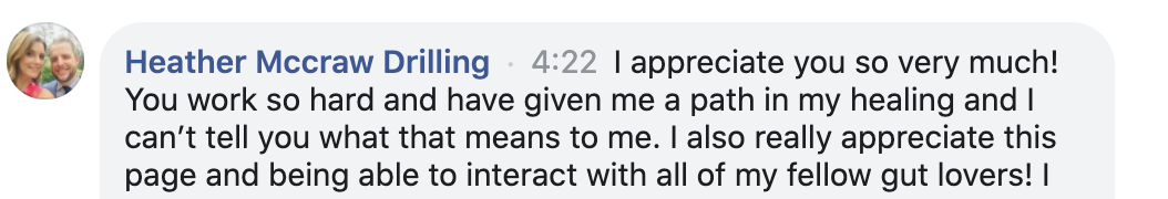 Facebook comment by Heather Mccraw Drilling expressing appreciation for help in healing and interaction with others on the page.
