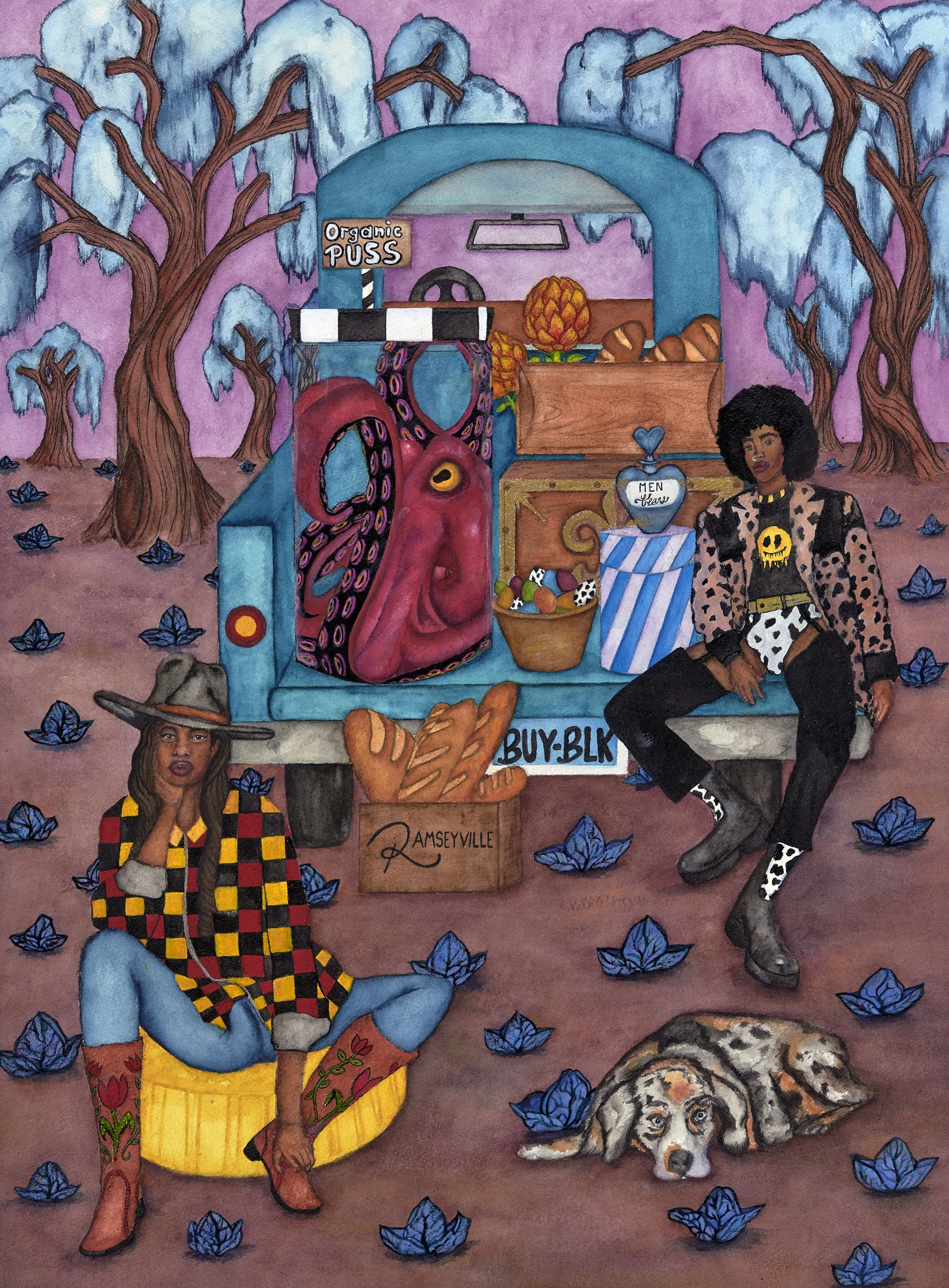 Tale of Two Sisters, Watercolor and ink on watercolor paper, 30 x 22 in, 2023
