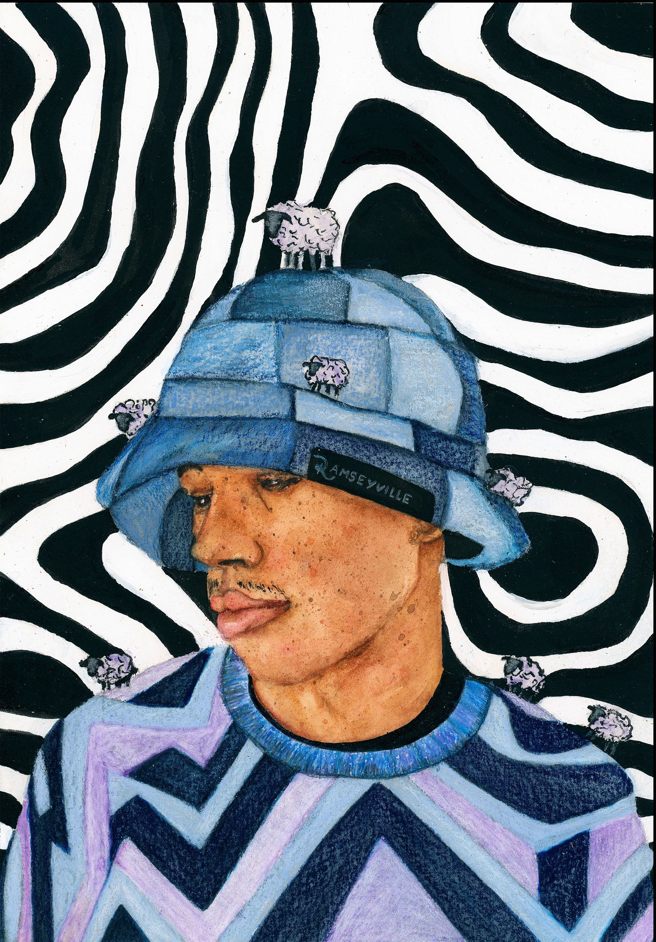 Boy Who Counts Sheep, Watercolor, ink, and color pencil on watercolor paper, 8 x 10 in, 2023