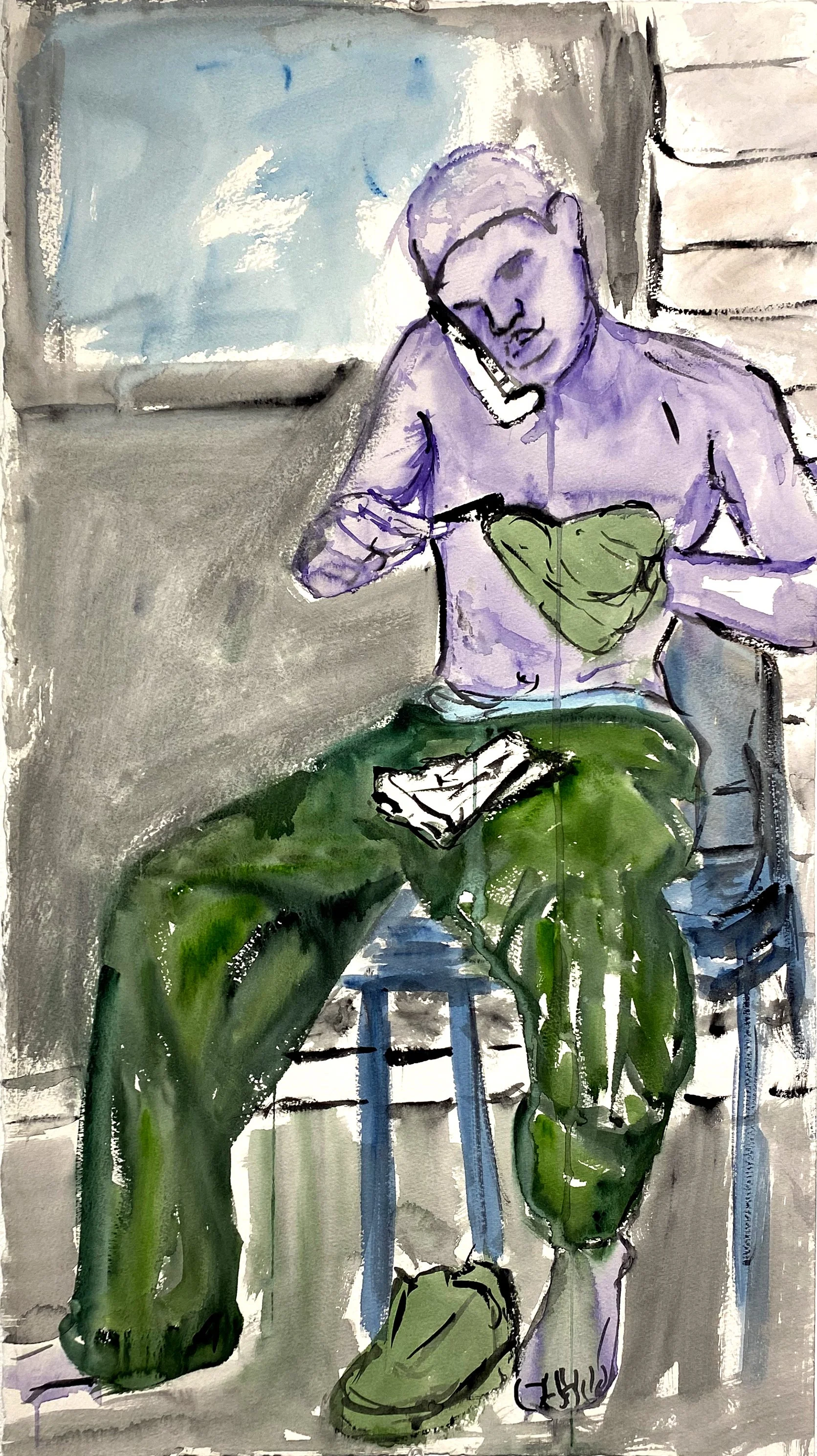 Porch Activities, Watercolor on watercolor paper, 30 x 22 in, 2025