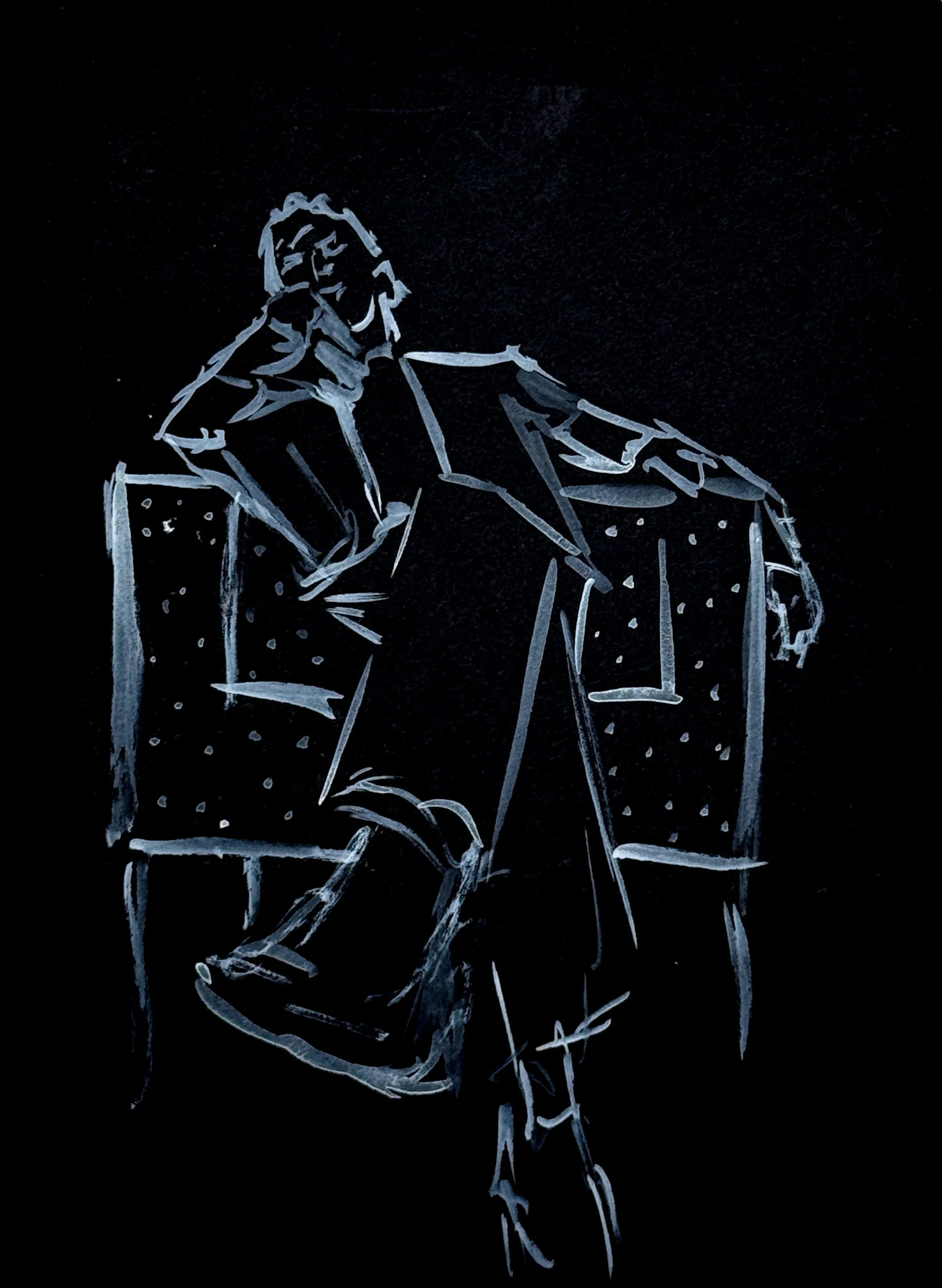 Man and His Polka Dotted Chair, No. 1, Gouache on mixed media paper, 8 x 10 in, 2026