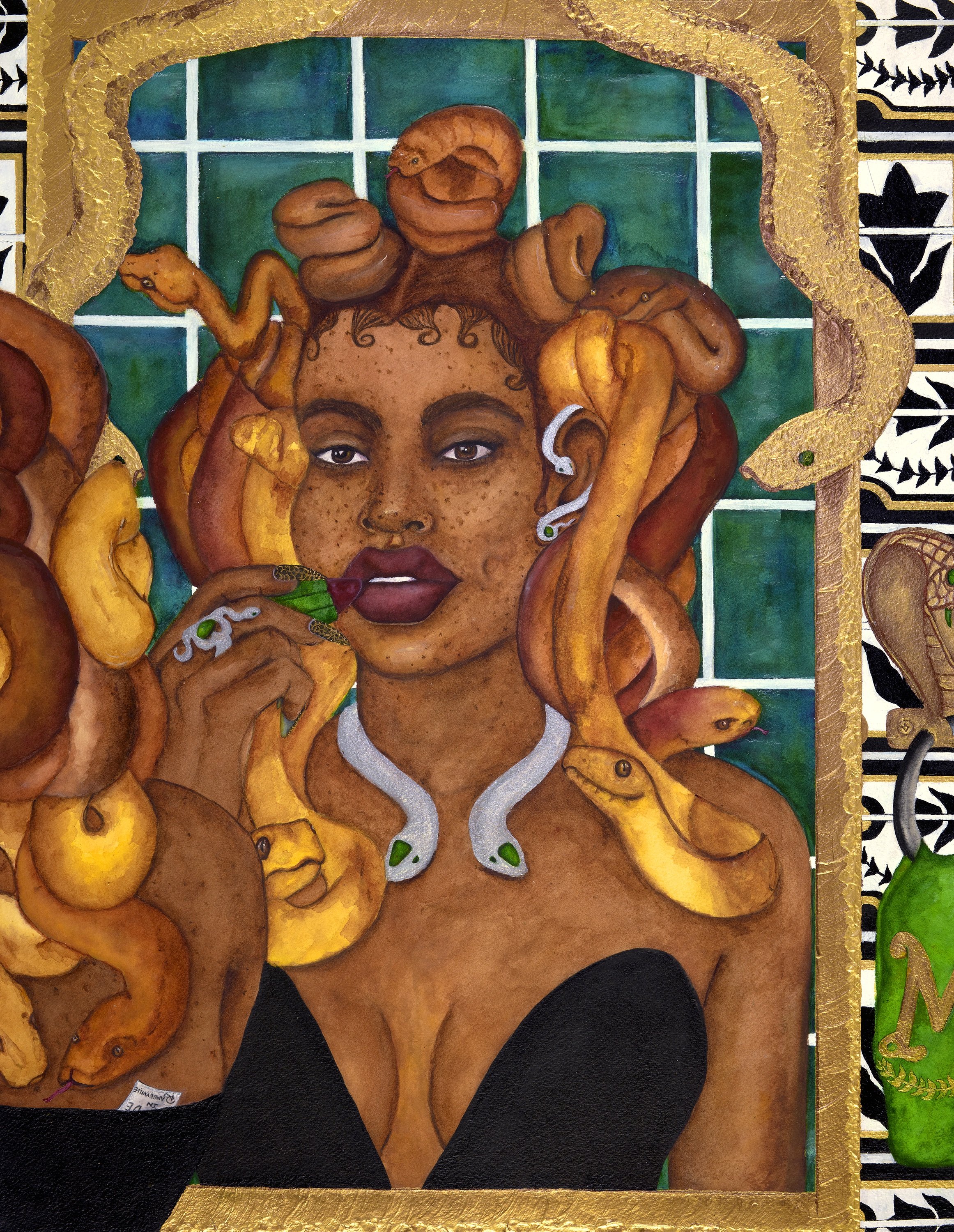 Medusa, Watercolor, ink, gold leaf, and acrylic on watercolor paper, 30 x 22 in, 2023