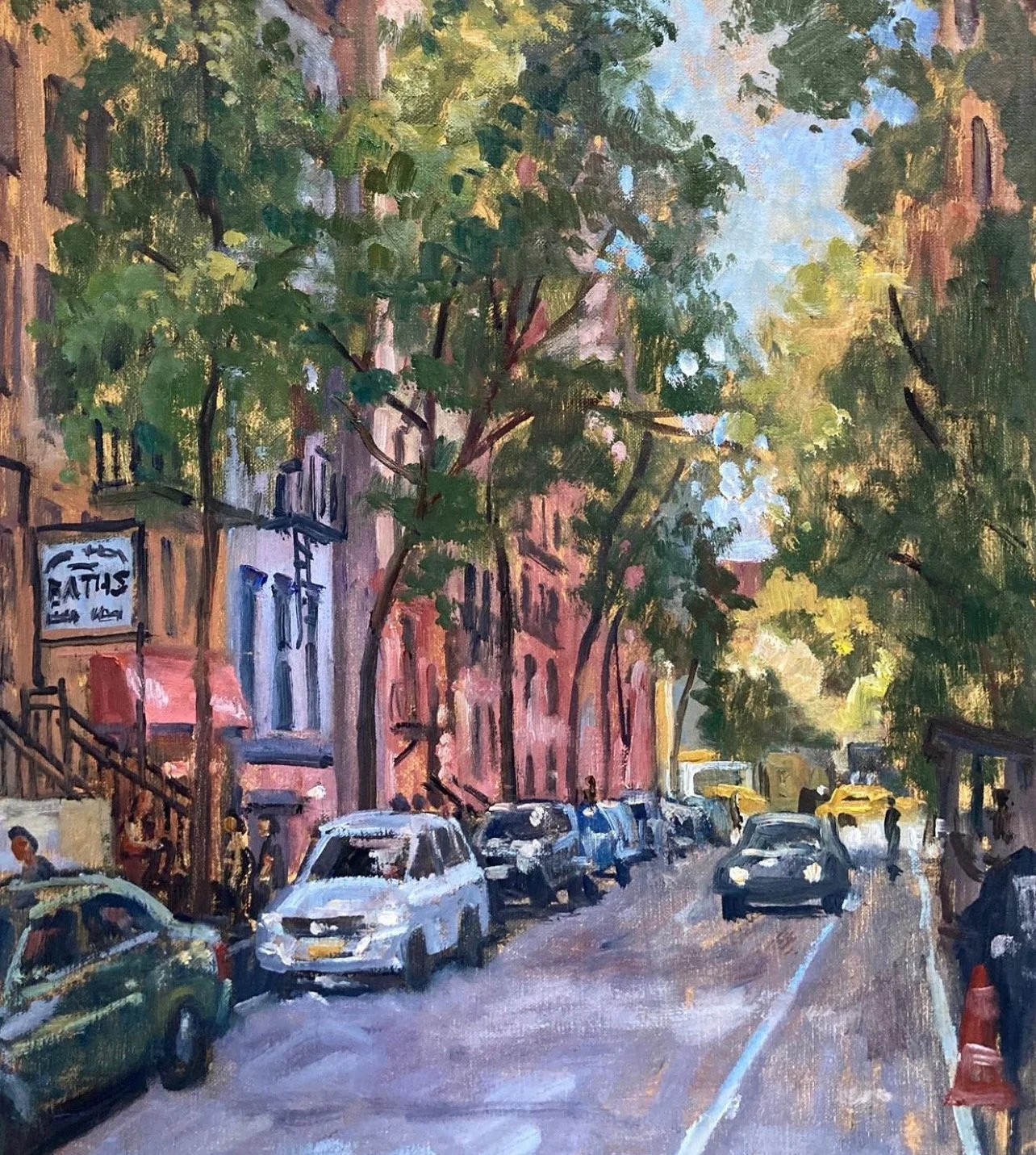 A painted street scene with parked cars, trees, and buildings, sunlight filtering through leaves, with a sign for a fitness club on the left.