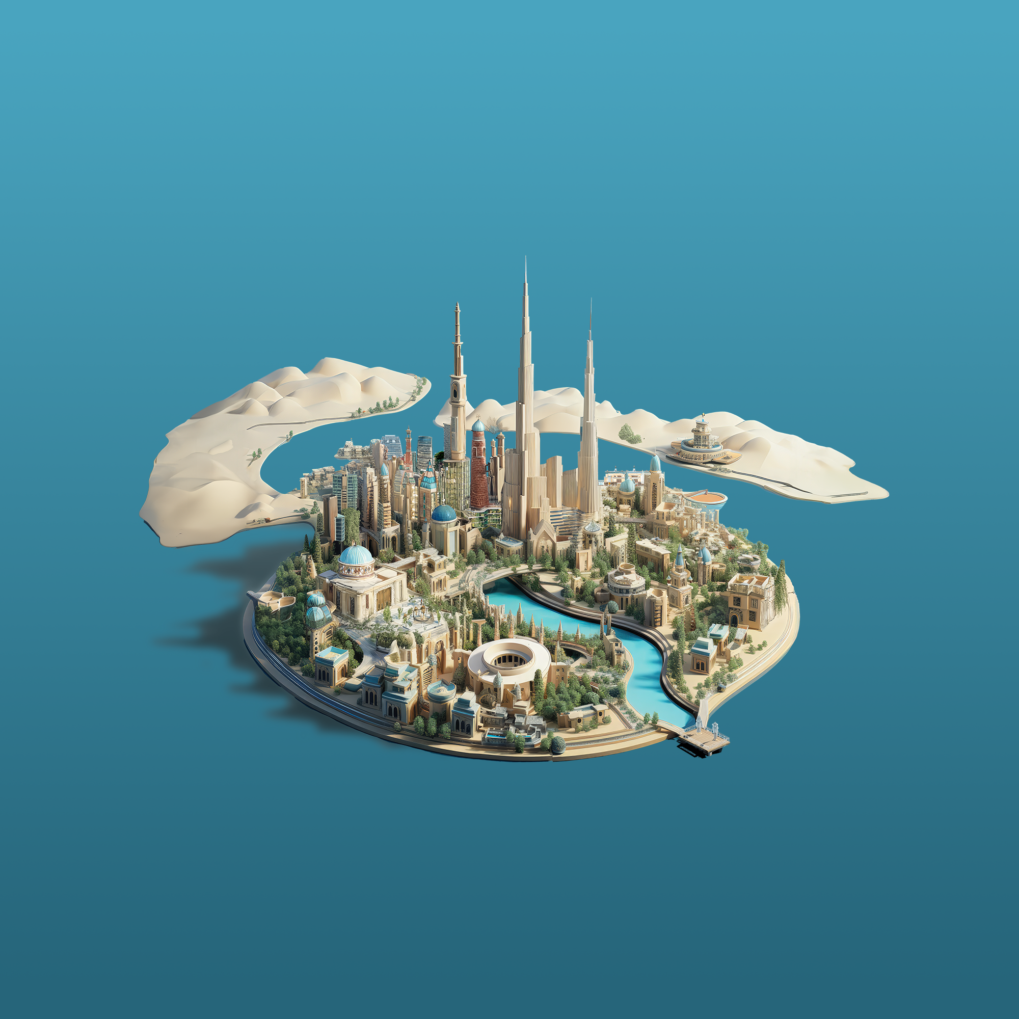A digital illustration of a miniature cityscape with tall skyscrapers, a river, and surrounding desert landscape, resembling a futuristic city on an island.