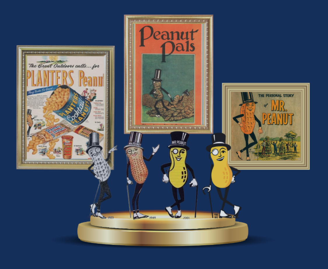 A display featuring four vintage Mr. Peanut figurines on a gold-colored platform, each representing different years, with framed vintage Mr. Peanut advertisements and posters in the background.