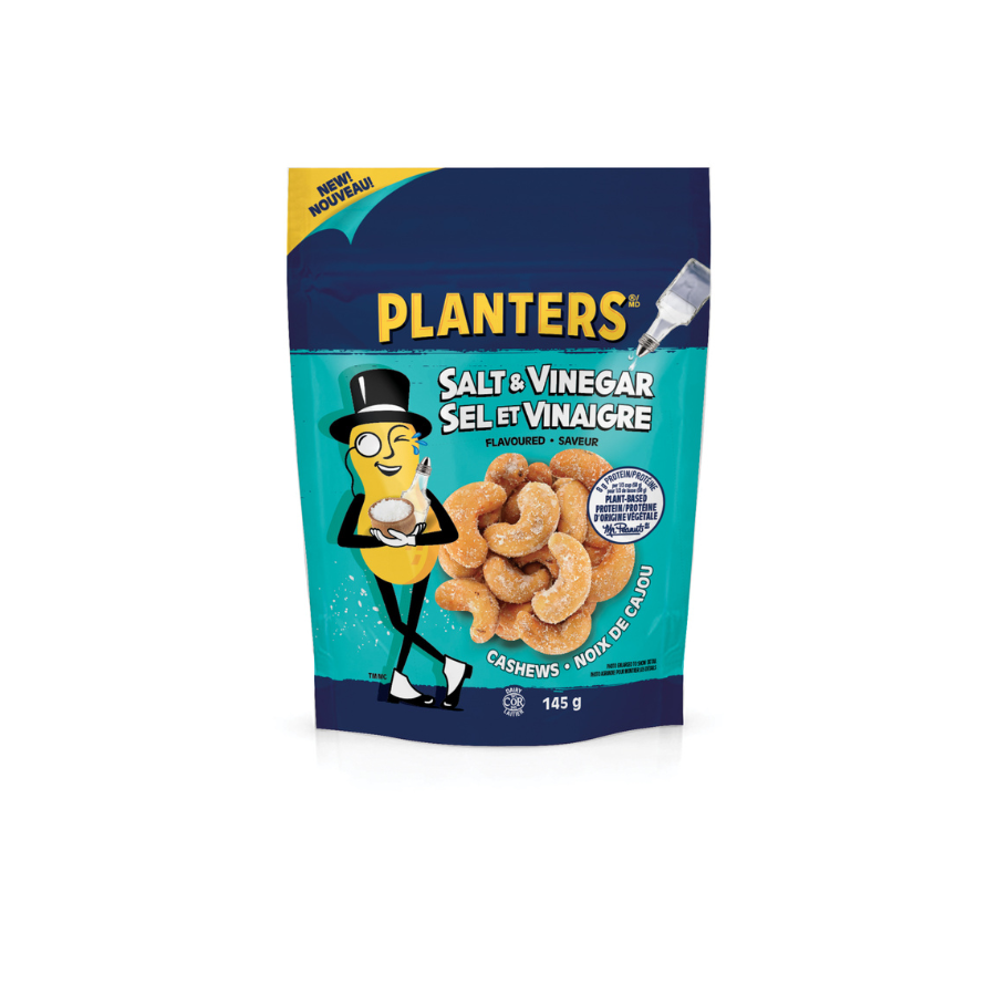 Package of Planters Salt & Vinegar flavored cashew snacks featuring a cartoon cashew character wearing a top hat and holding salt and vinegar shaker, with sliced cashews visible on the package.