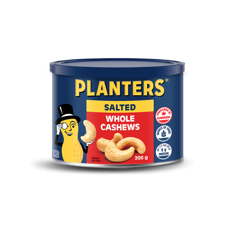 A can of Planters salted whole cashews with a cartoon cashew wearing a hat and monocle on the front.