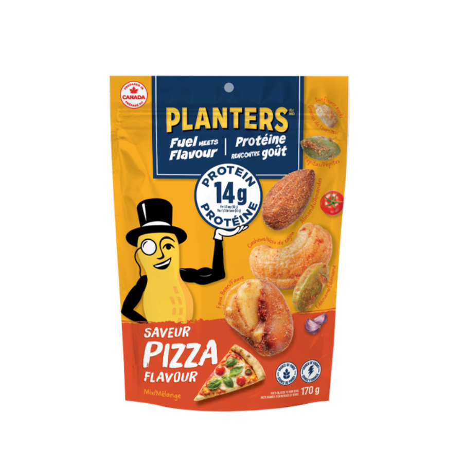A colorful snack package of Planters pizza-flavored peanuts, featuring a cartoon peanut character and images of pizza and other snack flavors on the packaging.