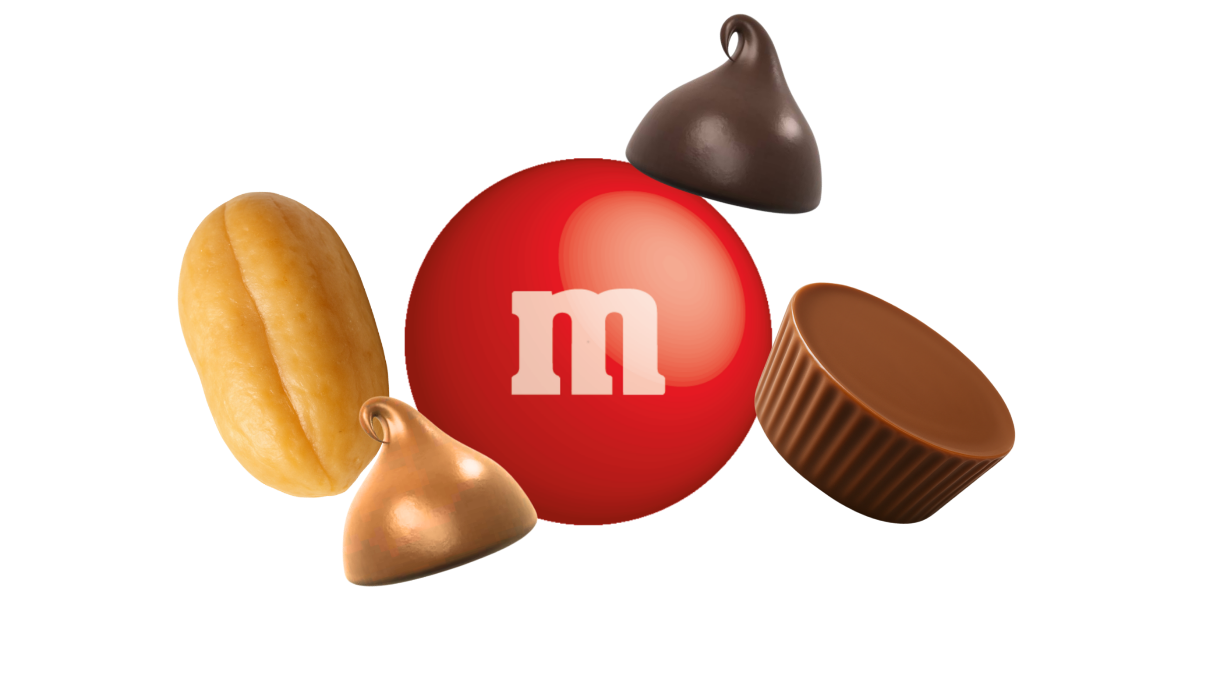Assorted chocolates and a red candy with white 'm' logo.