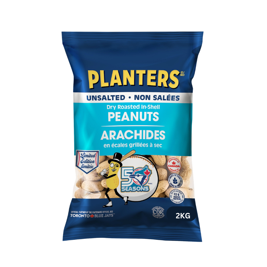 A 2-kilogram bag of unsalted dry roasted in-shell peanuts by Planters, featuring a blue packaging with a cartoon character wearing a top hat and holding peanuts, celebrating 50 seasons with the Toronto Blue Jays logo.