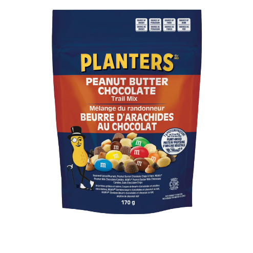 A package of Planters Peanut Butter Chocolate Trail Mix with peanuts and M&M candies in a resealable bag.