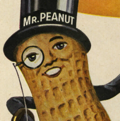 Mr.Peanut, wearing a top hat labeled 'MR. PEANUT', with a monocle and a winking expression.