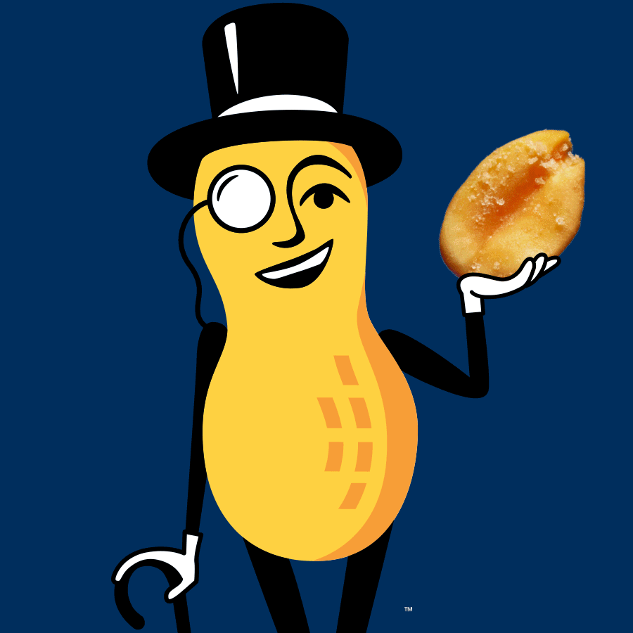Mr.Peanut with a black top hat, monocle, and cane, holding a dry roasted snack, against a dark blue background.