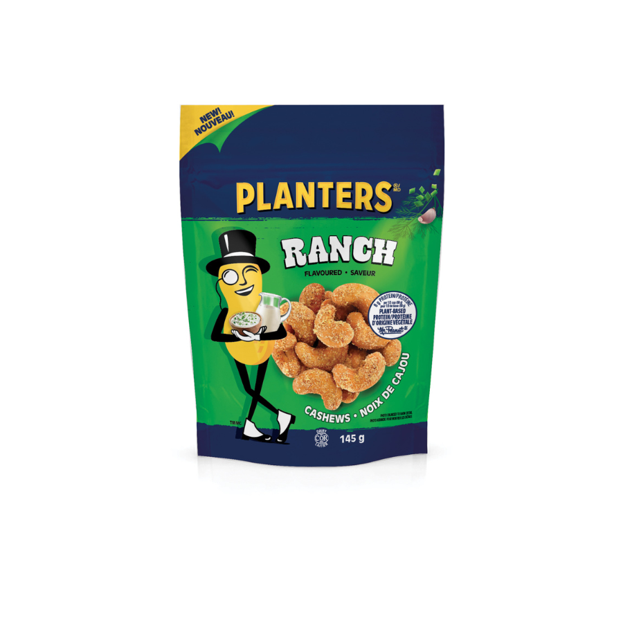 Package of Planters Ranch flavored cashew snacks with a cartoon cashew character wearing a top hat and holding a bowl of cashews, featuring a green and blue design with an image of cashew nuts