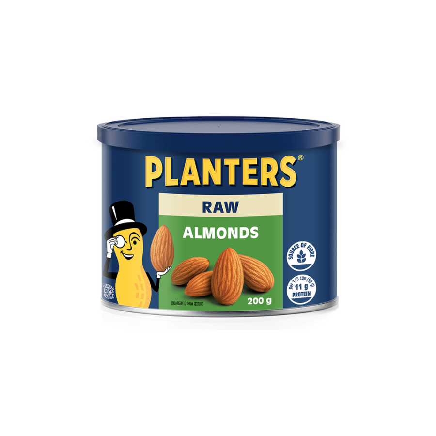 Can of Planters raw almonds with a cartoon peanut mascot wearing a top hat, on a white background.