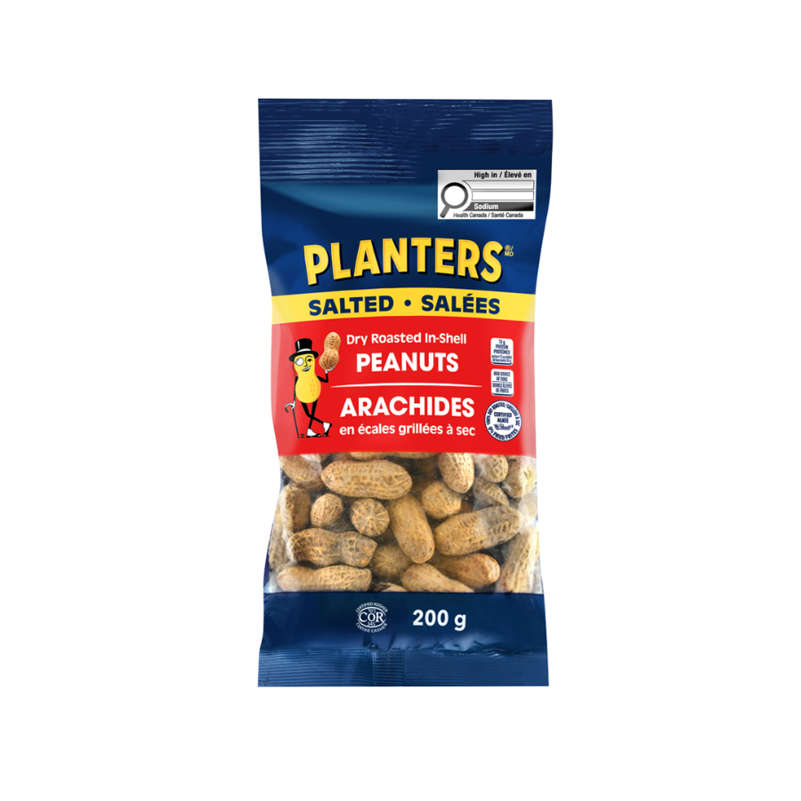 A 200-gram bag of Planters salted dry roasted in-shell peanuts with cartoon peanut mascot holding a peanut in one hand, featuring blue, yellow, red, and white packaging.