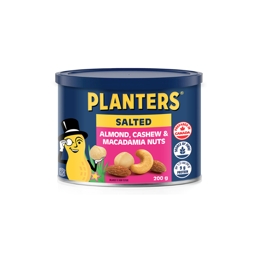 Can of Planters salted mixed nuts with almonds, cashews, and macadamia nuts, featuring a smiling peanut mascot in a top hat on the label.