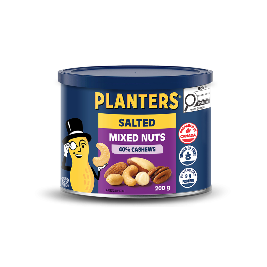A can of Planters salted mixed nuts with 40% cashews, featuring a yellow and purple label, an illustration of a smiling peanut in a top hat, and icons indicating nutritional information and ingredients.