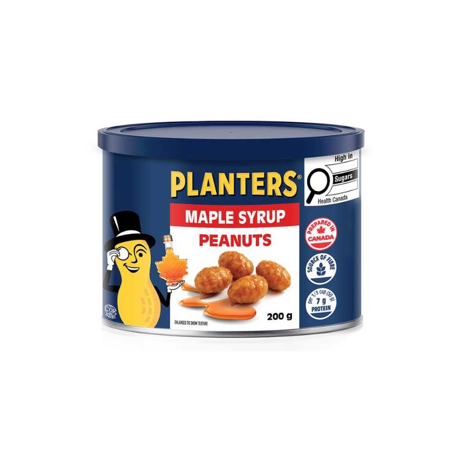 Canned Planters maple syrup peanuts with a cartoon peanut character holding a maple leaf and syrup