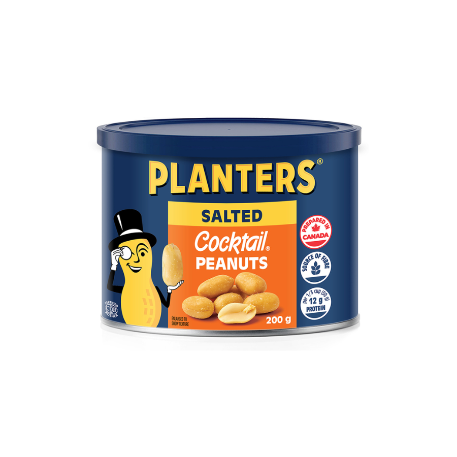 A can of Planters salted cocktail peanuts with a cartoon peanut mascot wearing a black top hat and holding one peanut, against a white background.