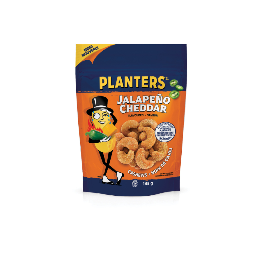 A package of Planters Jalapeño Cheddar flavored cashew snacks in a resealable bag, featuring an animated cashew character wearing a top hat and holding a jalapeño pepper.