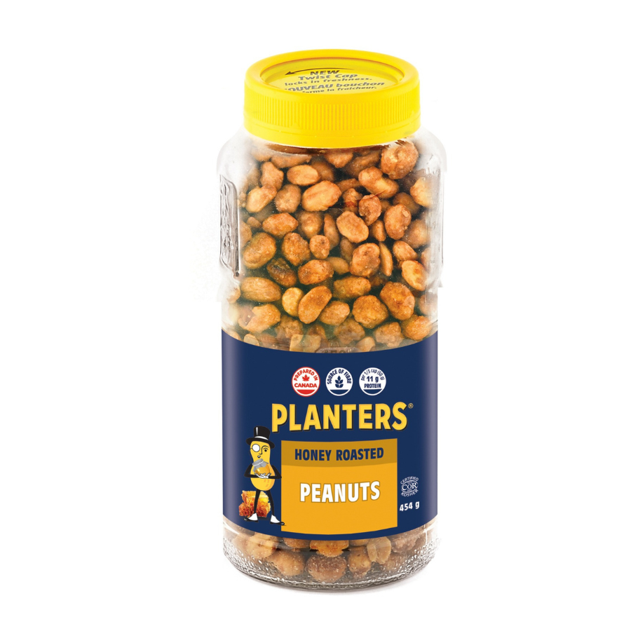 A clear jar of honey roasted peanuts with a yellow lid and blue label featuring the Planters brand logo, a cartoon character, and product details.