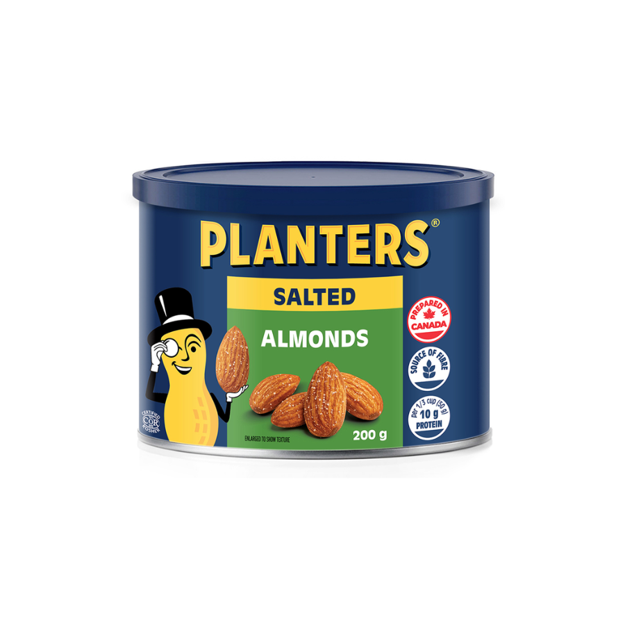 A can of Planters salted almonds with a blue lid and label, featuring a cartoon peanut mascot wearing a top hat, holding an almond, and depicting almonds on the label.