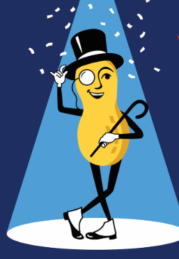 Mr.Peanut with a top hat and cane, dancing under spotlight with confetti.