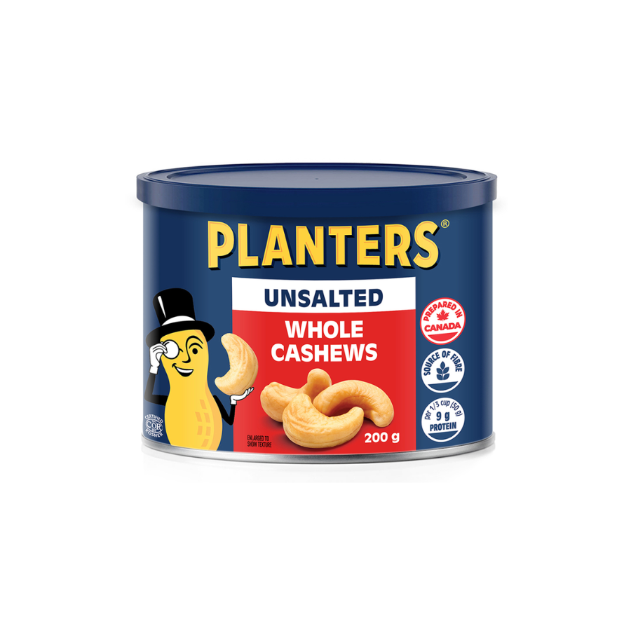 A can of Planters unsalted whole cashews, 200 grams, featuring a cartoon cashew wearing a top hat and holding a cashew nut.