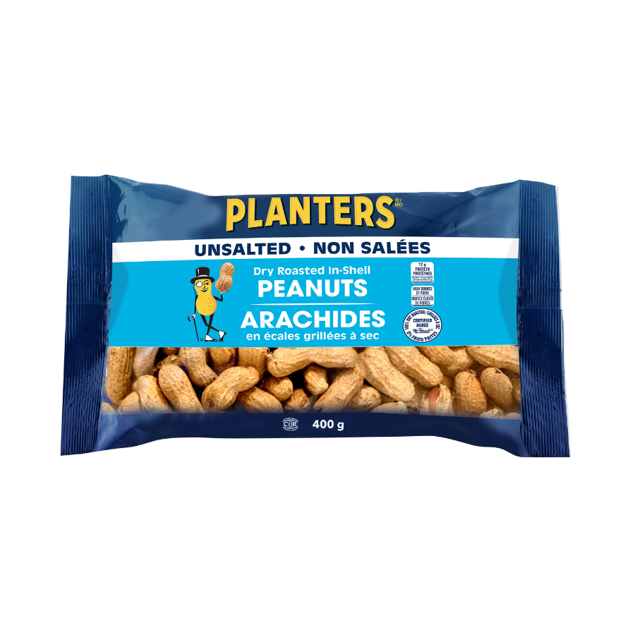 A package of Planters unsalted dry roasted in-shell peanuts with a blue and white design, featuring an illustration of a peanut character wearing a top hat, holding a peanut, and the net weight of 400 grams.