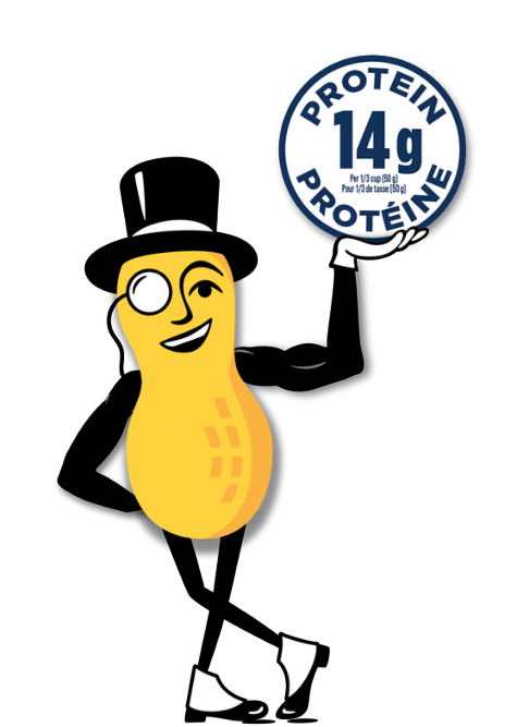 Mr.Peanut, wearing a monocle and a white chef's hat, holding a blue and white sign that says "14g PROTEIN".