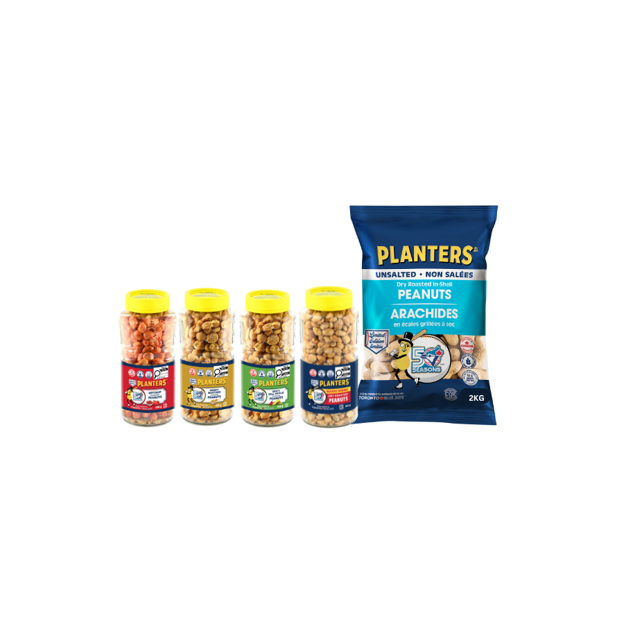 Assorted jars of flavored peanuts and a large bag of unsalted, dry roasted peanuts by Planters.
