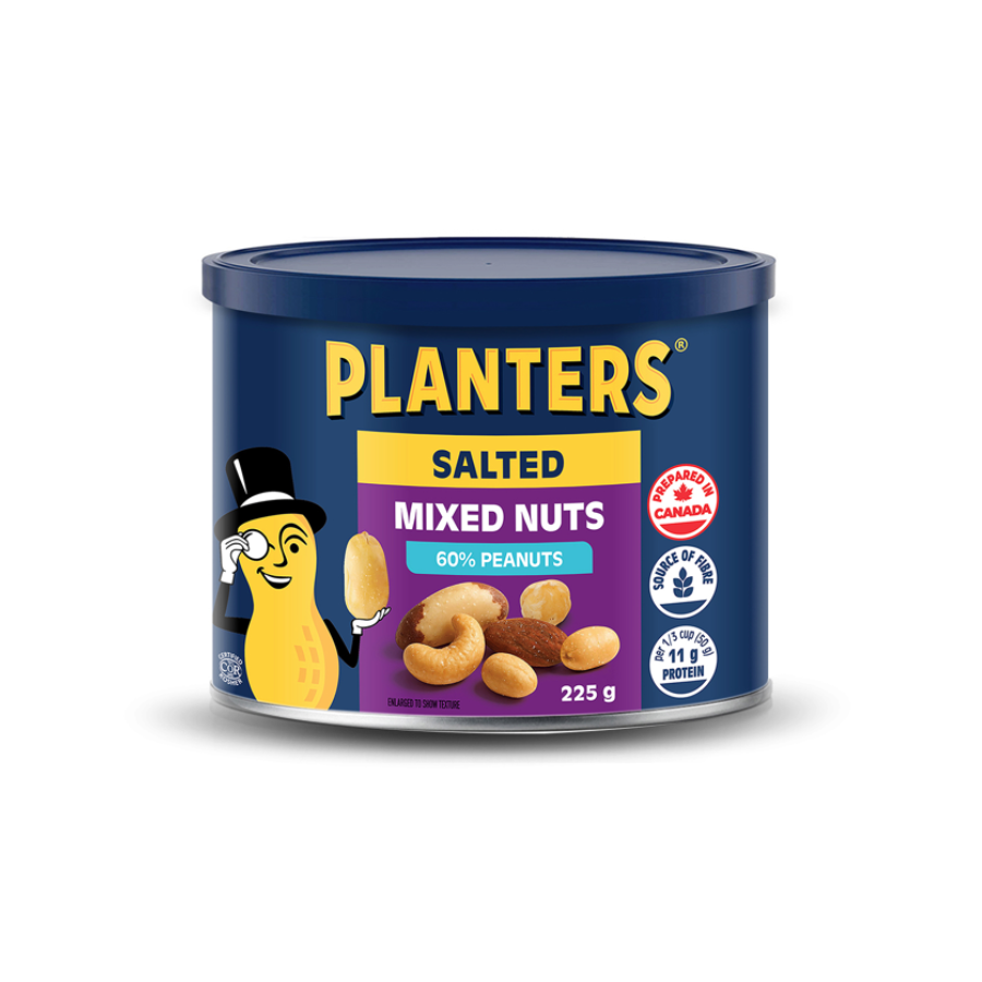 A can of Planters salted mixed nuts highlighting that it contains 60% peanuts, 225 grams, and is prepared in Canada.