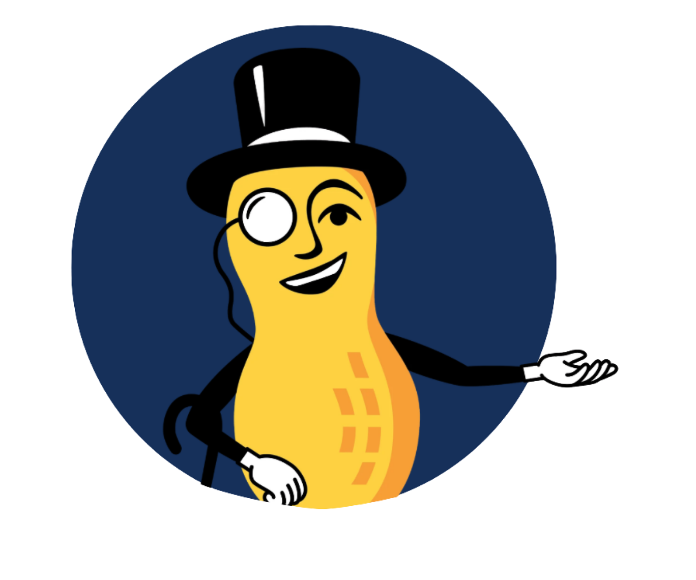 Mr.Peanut wearing a top hat, monocle, and tuxedo, smiling and gesturing with one hand.