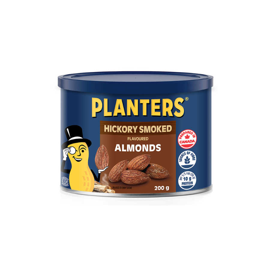 A can of Planters hickory smoked flavoured almonds with a blue lid, showing an illustration of a smiling almond wearing a top hat, and labels indicating it is prepared in Canada, a source of fiber, and contains 10 grams of protein per serving.