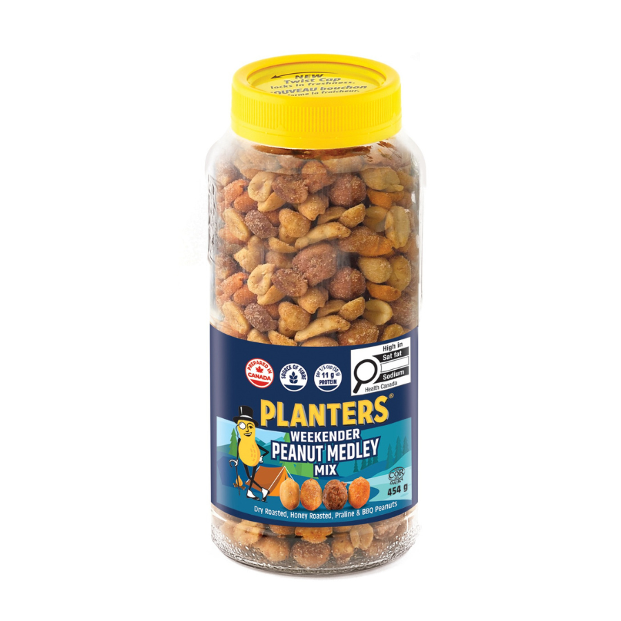 A jar of Planters Weekend Peanut Medley Mix with dry roasted, honey roasted, praline, and BBQ peanuts