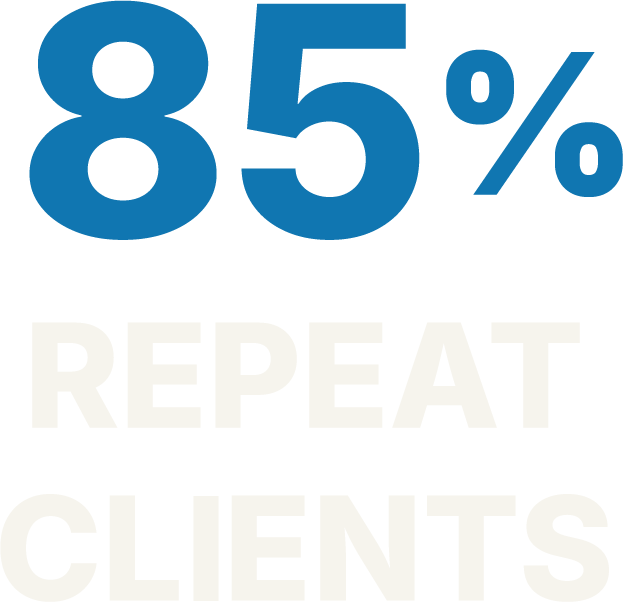 Blue text displays "85%" with the words "REPEAT CLIENTS" in bold white letters below.