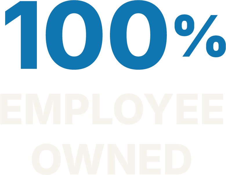 Text stating "100% Employee Owned" with "100%" in blue and the rest in white on a black background.