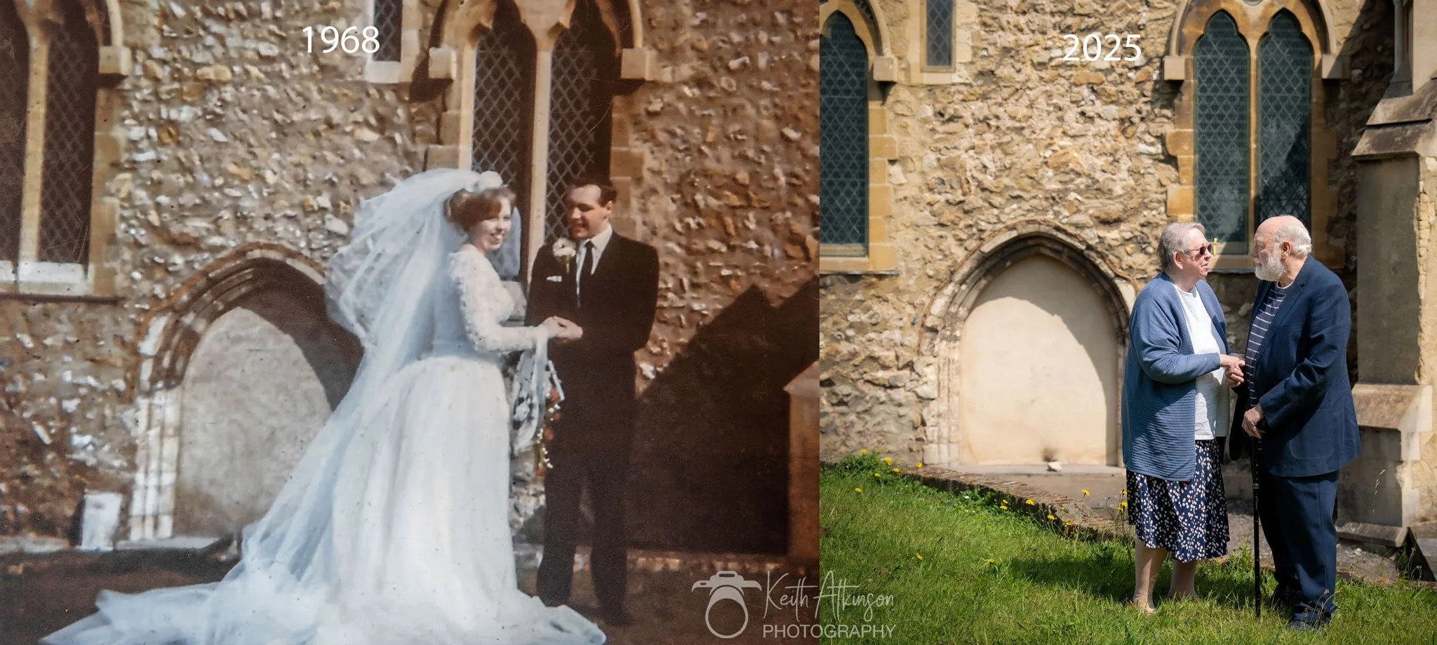 Comparison of two photos: The left side shows a vintage wedding photo from 1968 of a bride and groom in front of a stone church; the bride wears a long lace wedding dress with a veil, and the groom in a black suit with a white shirt and black tie. Th