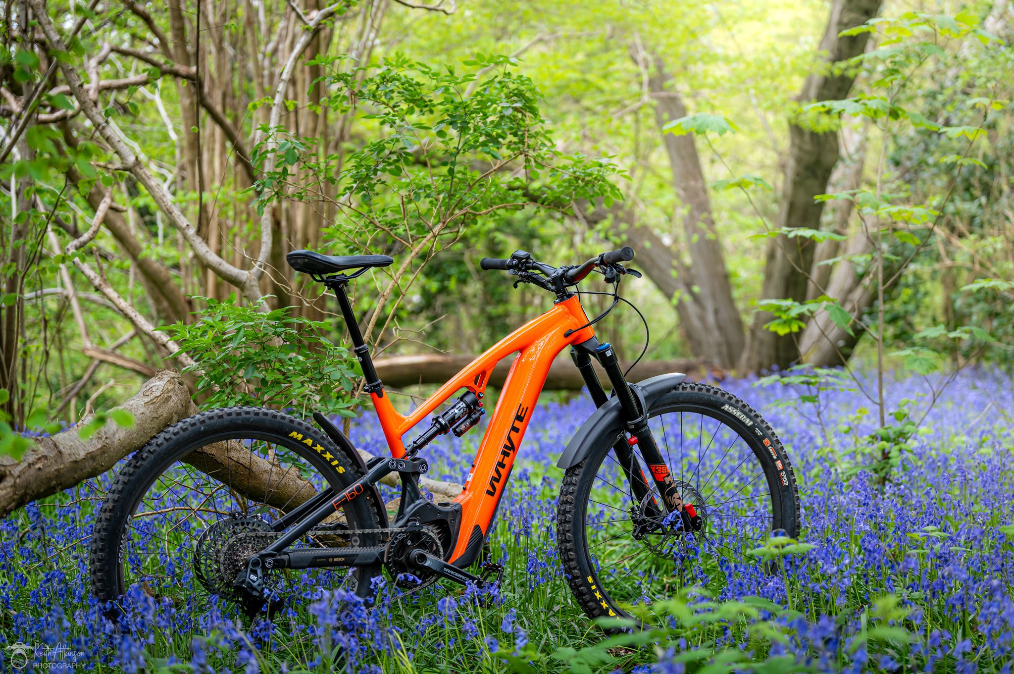 An orange mountain bike with black tires and suspension is standing amidst a lush green forest with purple flowers on the ground and trees in the background.