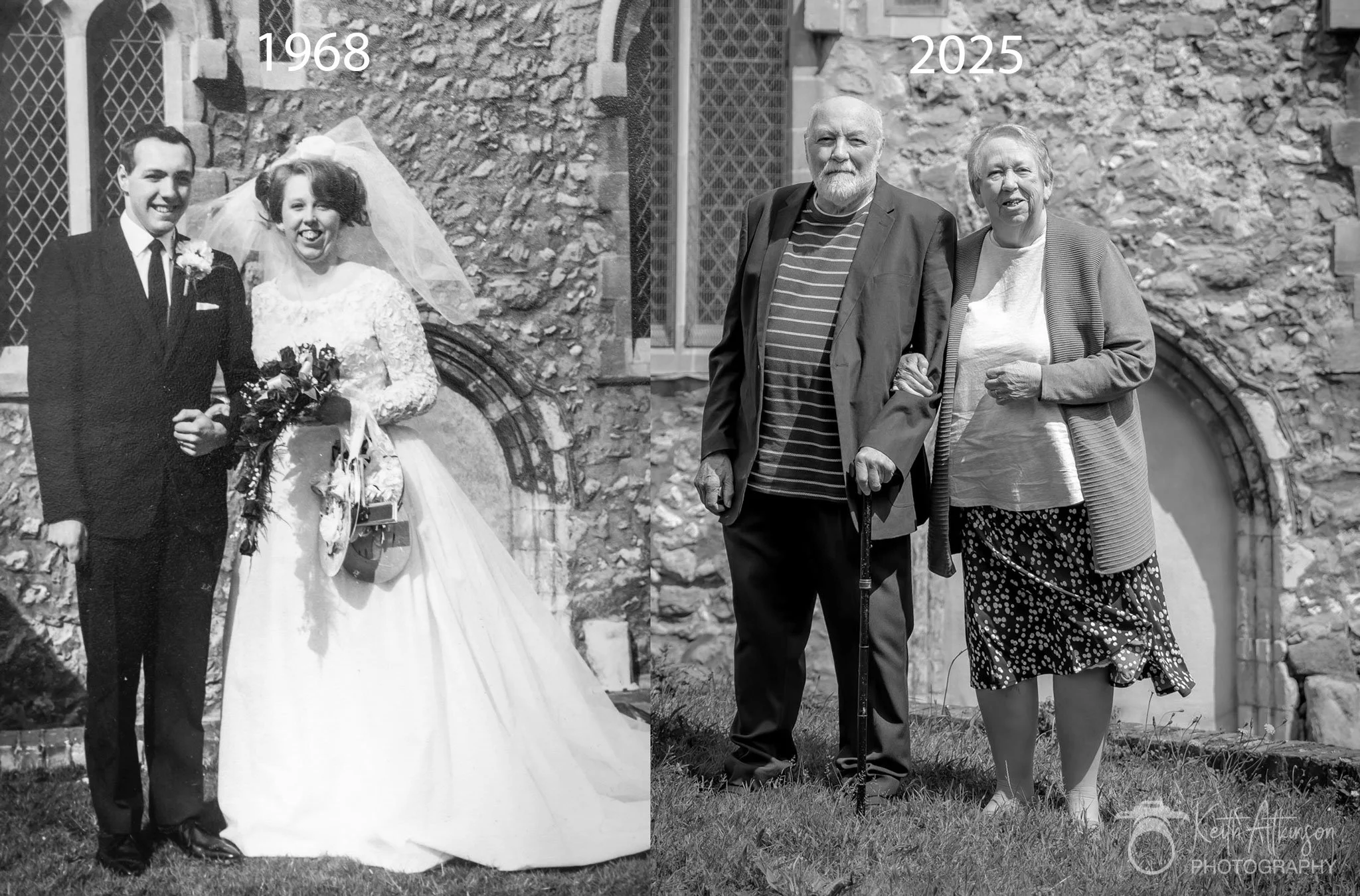 Comparison of two black-and-white photographs taken at different times, 1968 and 2025, showing a couple at a wedding and then as elderly individuals, both outside in front of a stone building.