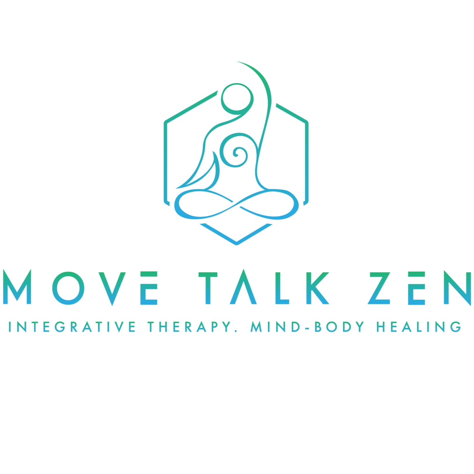 Logo for MoveTalk Zen with a stylized figure meditating, surrounded by geometric shapes and colors, with text 'MoveTalk Zen' and tagline 'Integrative Therapy, Mind, Body Healing'.