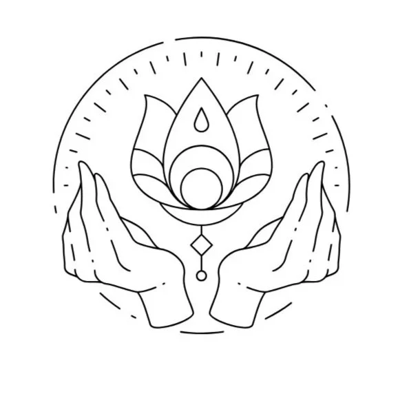 Line drawing of two hands holding a lotus flower with geometric shapes and a circular clock-like outline in the background.