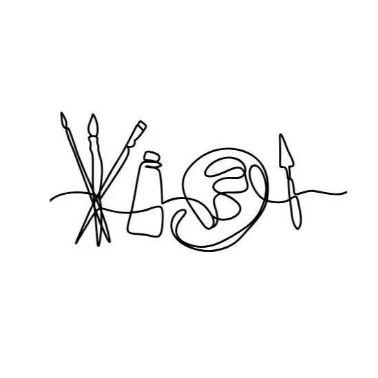 Artistic line drawing of various art supplies including paintbrushes, a bottle, a circular object, and a paint palette with a brush.